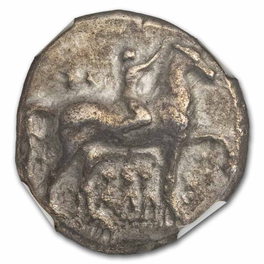 Calabria Taras AR Didrachm Boy on Dolphin (302-280 BC) VF NGC 4/3
