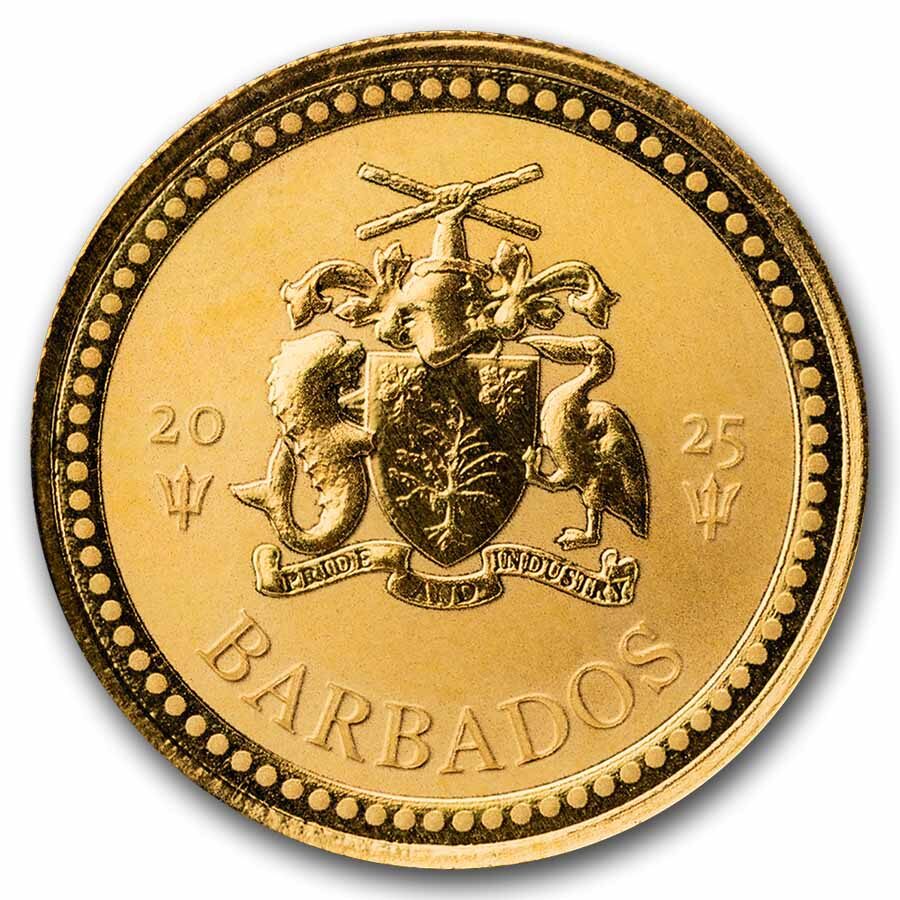 2025 Barbados 1/10 oz Gold Trident BU