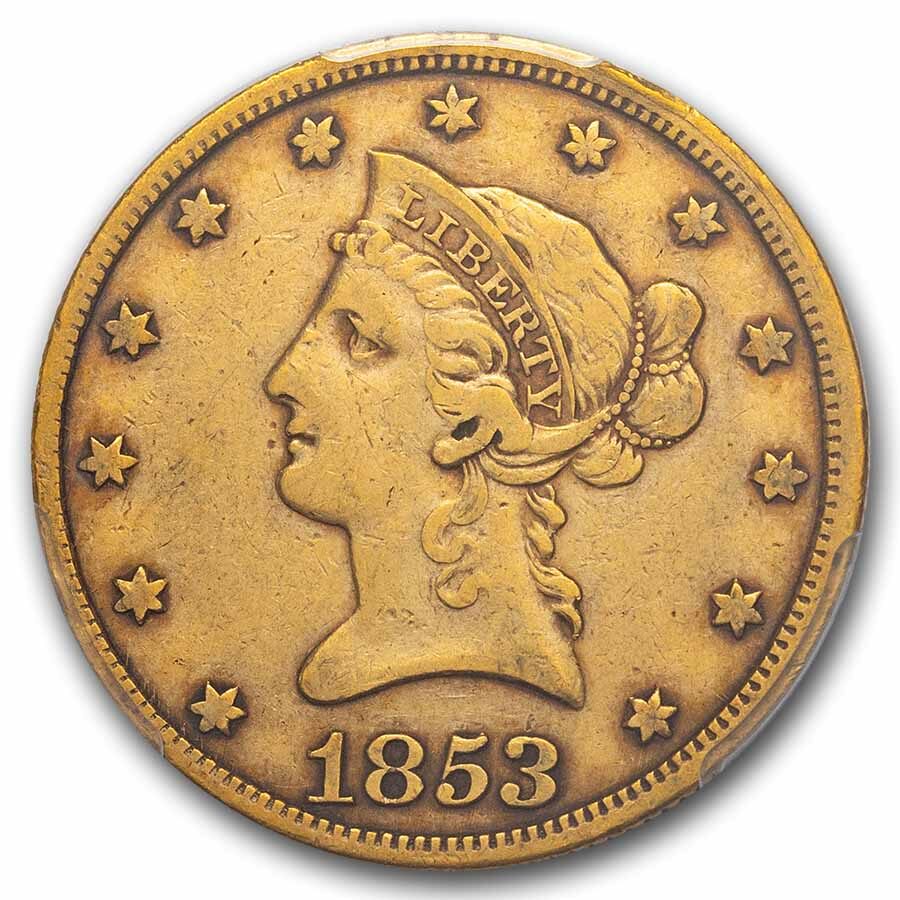 1853/2 $10 Liberty Gold Eagle VF-35 PCGS CAC