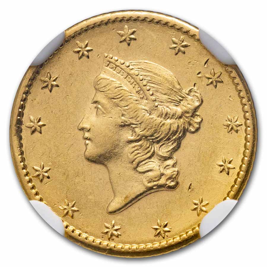 1849 $1 Liberty Gold Small Head Open Wreath No L AU-58 NGC