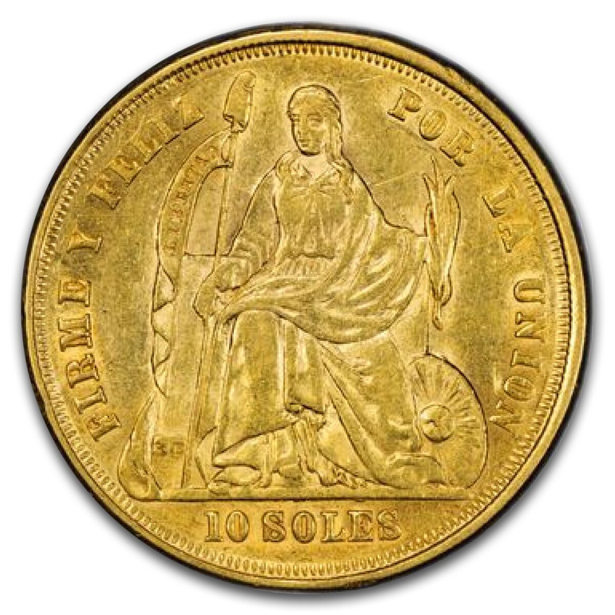 1863-YB Peru Gold 10 Soles AU-55 PCGS