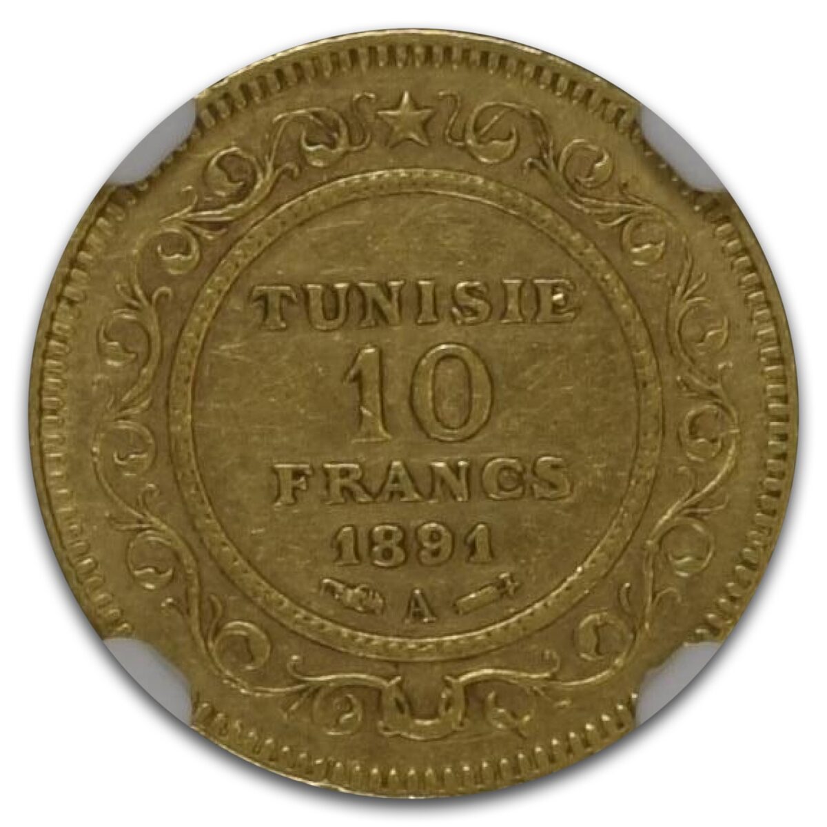 1891-A Tunisia Gold 10 Francs AU-55 NGC