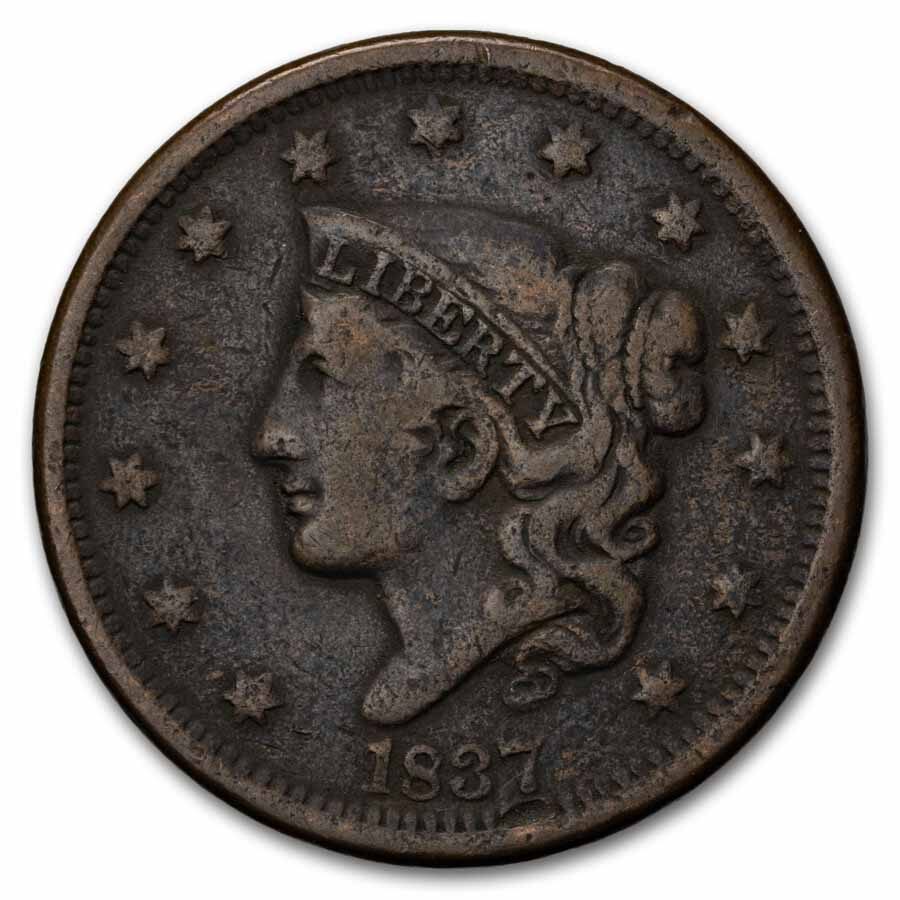 1837 Large Cent Head of 1838 Beaded Cord Fine