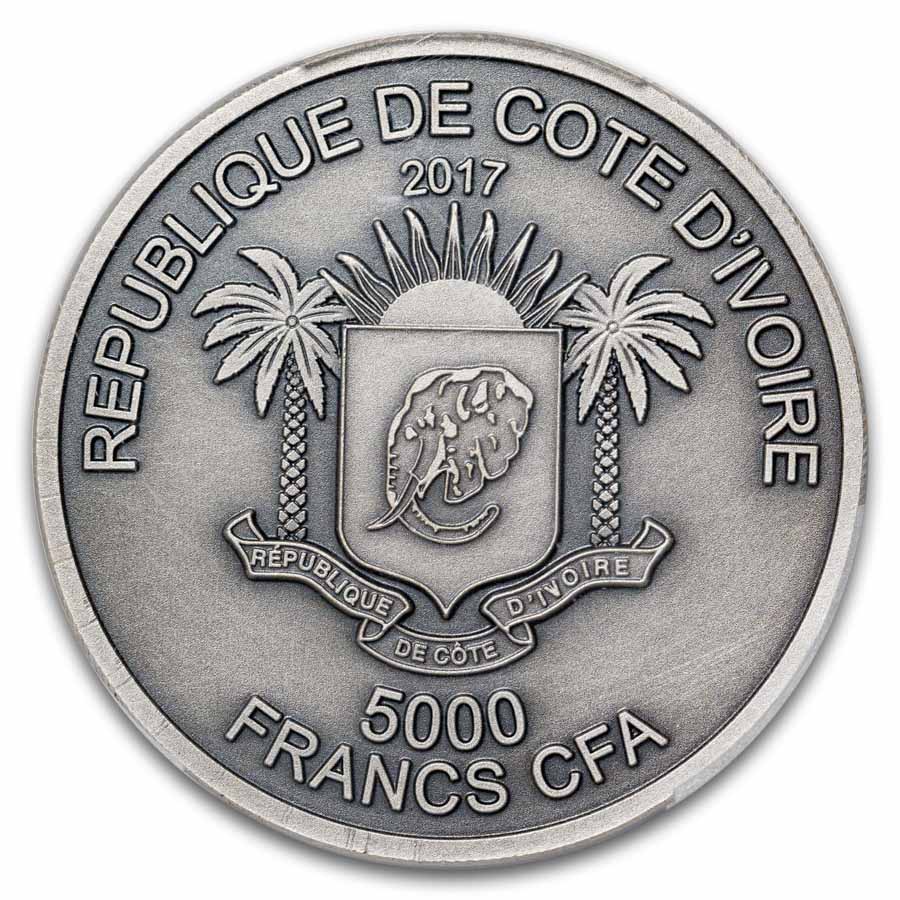 2017 Ivory Coast 5 oz Silver High Relief Elephant MS-70 PCGS