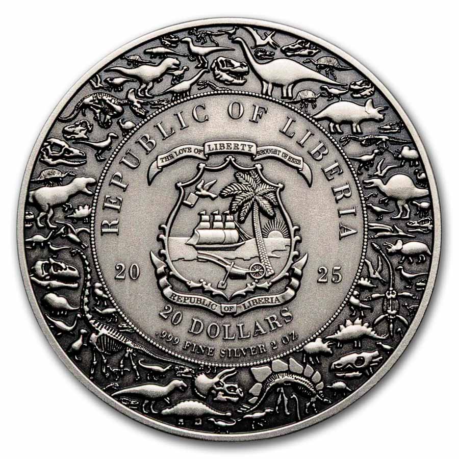 2025 Liberia 2 oz Silver Jurassic Life Dinosaur: Velociraptor