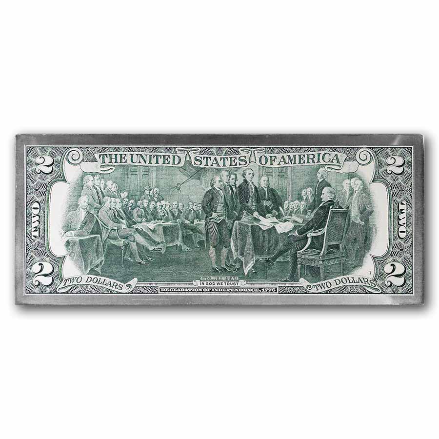 4 oz Silver Colorized Bar - $2 Jefferson Bill (w/Box & COA + $2)