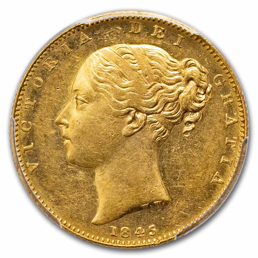 1845 Great Britain Gold Sovereign Victoria Shield AU-58 PCGS