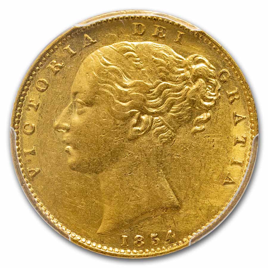 1854 Great Britain Gold Sov. Victoria Shield AU-53 PCGS WW Incuse