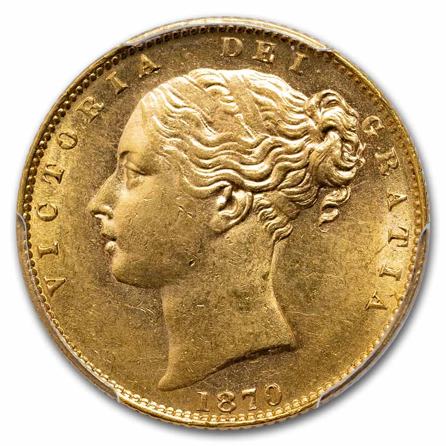 1870 Great Britain Gold Sovereign Victoria Shield AU-58 PCGS
