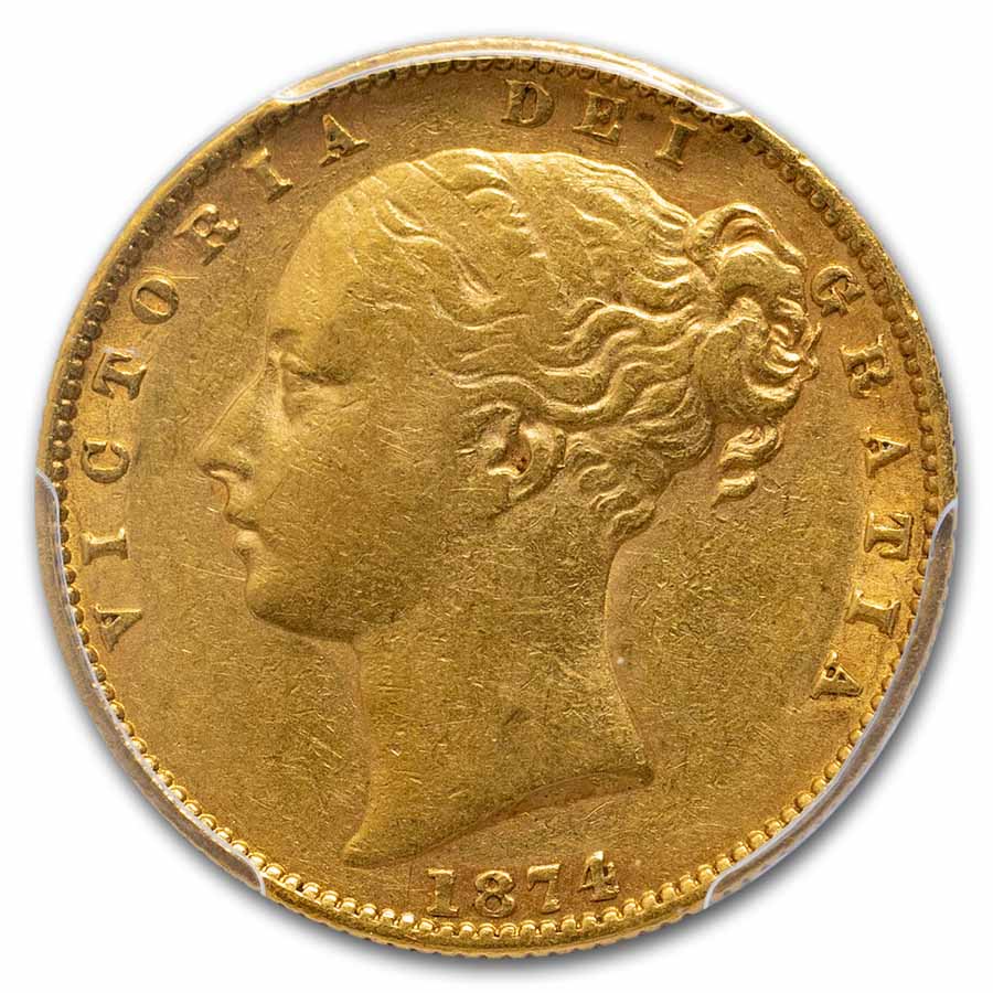 1874-M Australia Gold Sovereign Victoria Shield AU-50 PCGS