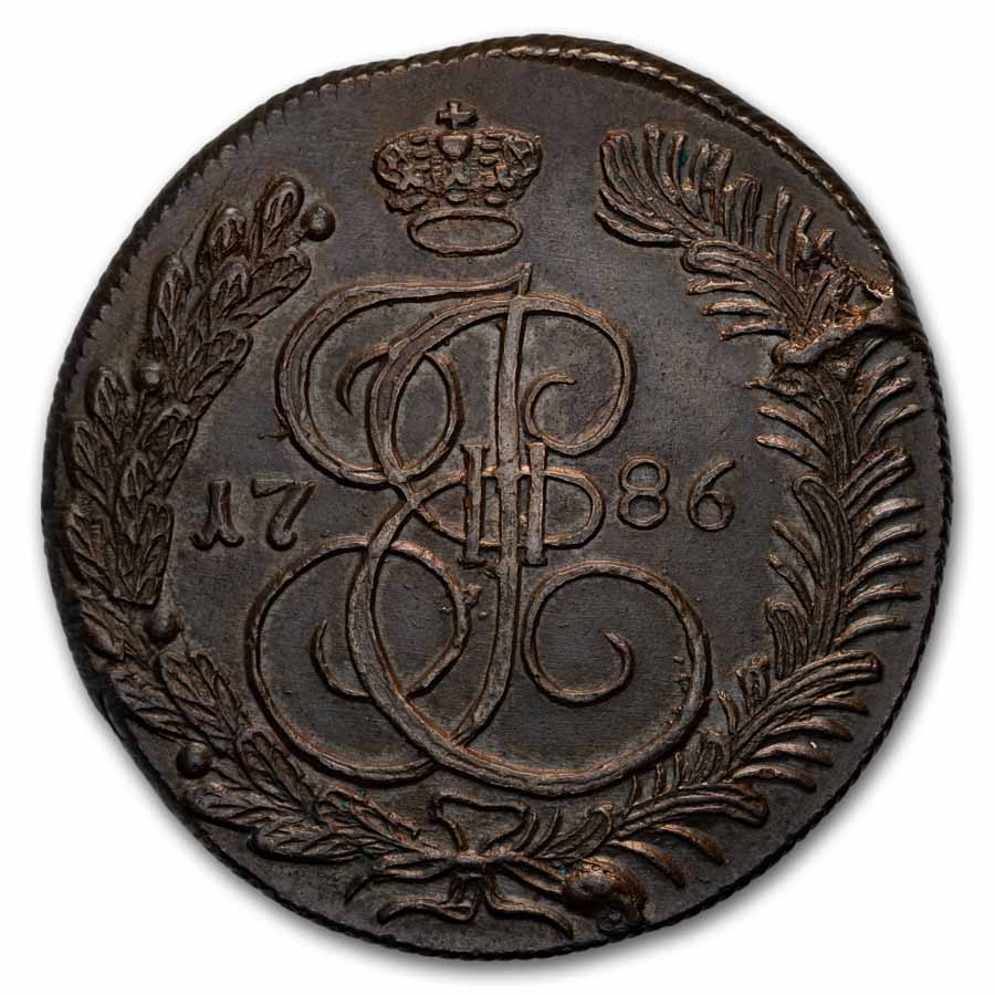 1786-KM Russia Copper 5 Kopeks Catherine the Great BU (Brown)