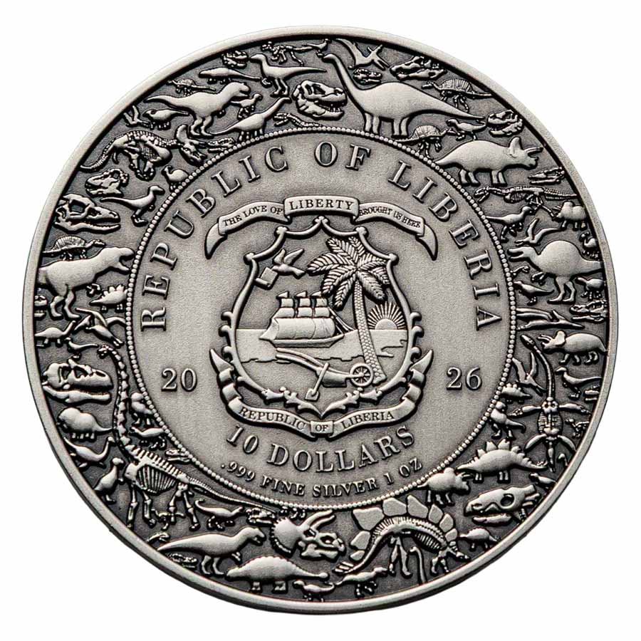 2026 Liberia 1 oz Silver Antique Jurassic Velociraptor