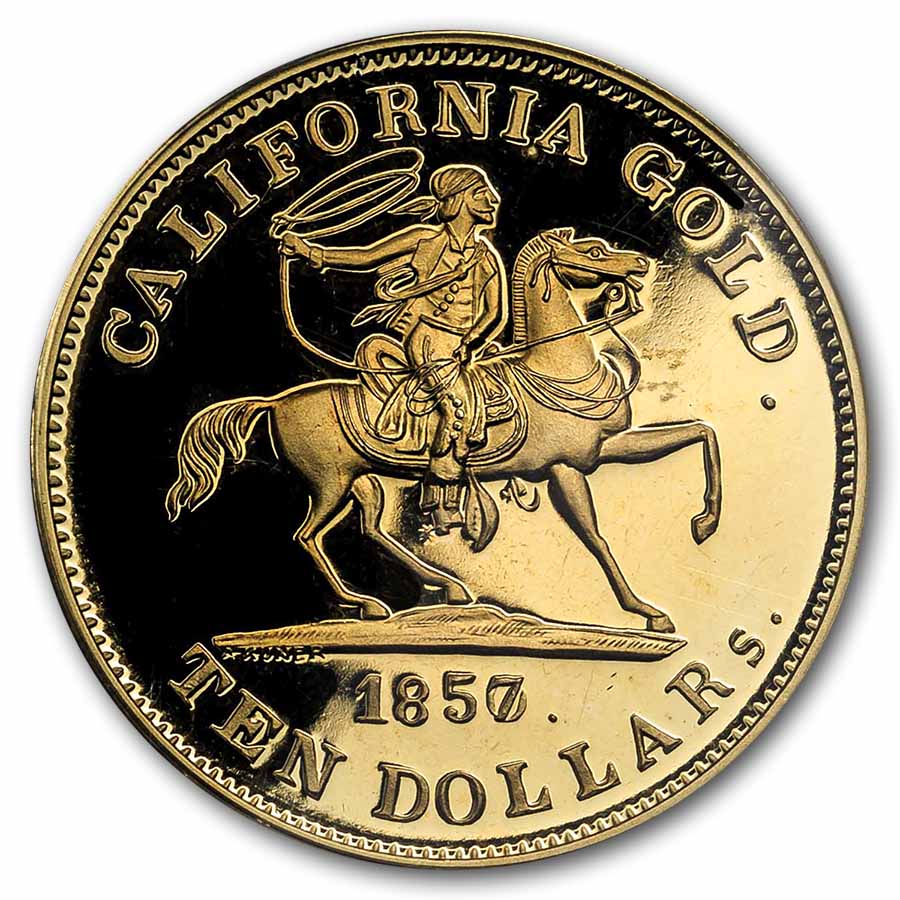 1857/0 $10 49er Horseman .931 Fine Cal Gold PCGS (Box & COA)
