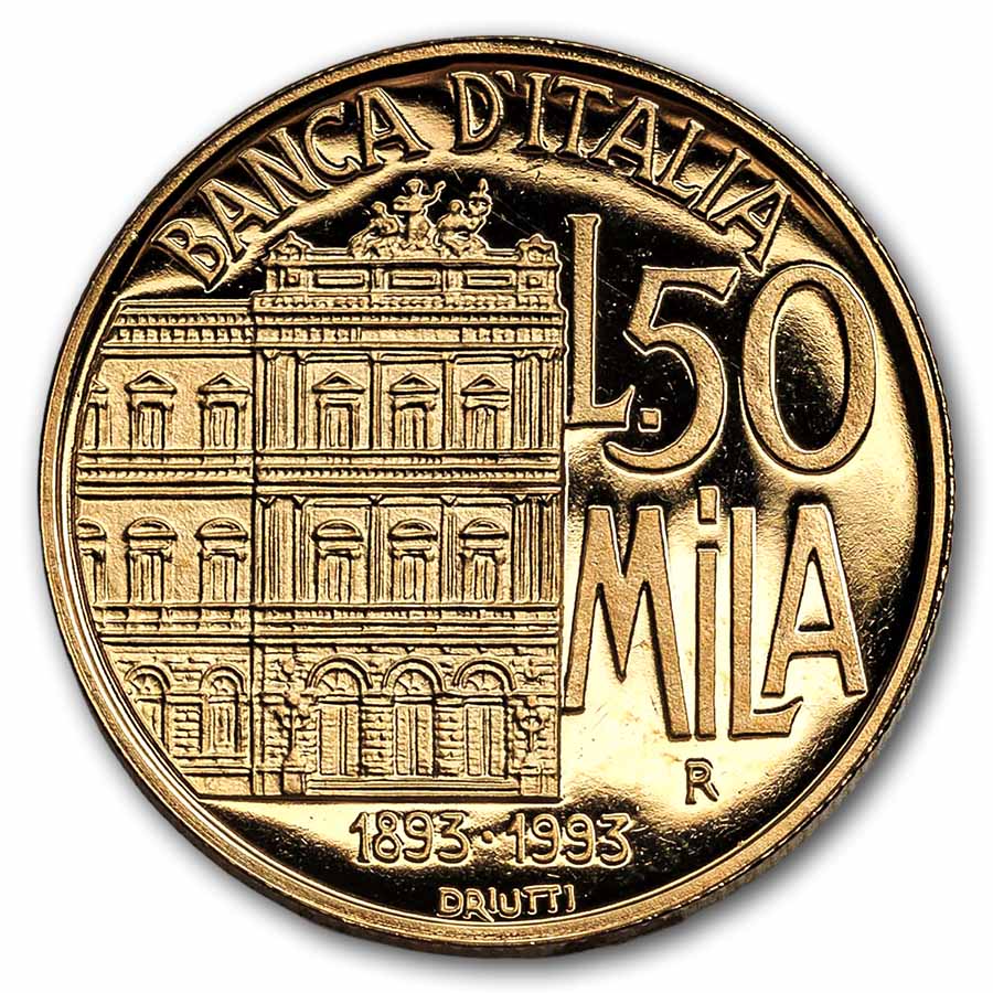 1993 Italy Proof Gold 50,000 Lire Bank of Italy
