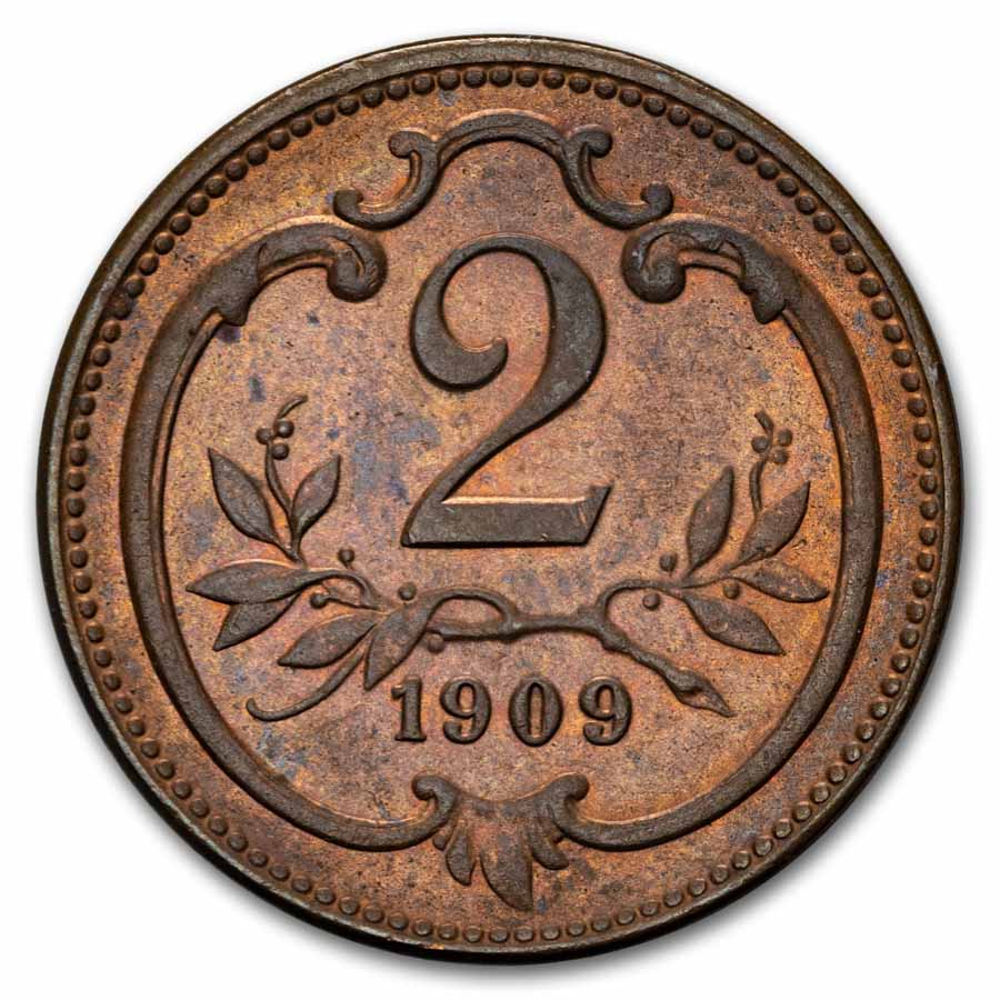 1909 Austria Bronze 2 Heller BU (Red/Brown)
