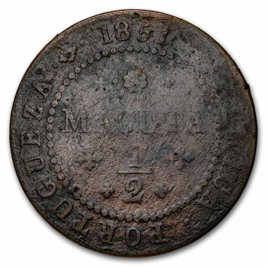 1848-1853 Angola Copper 1/2 Macuta Avg Circ