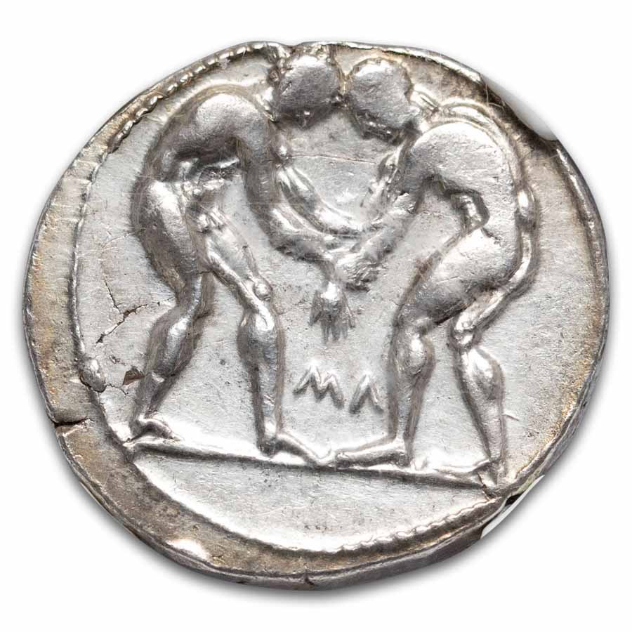 Pamphylia Aspendus AR Stater Wrestlers (380-325 BC) Ch XF NGC