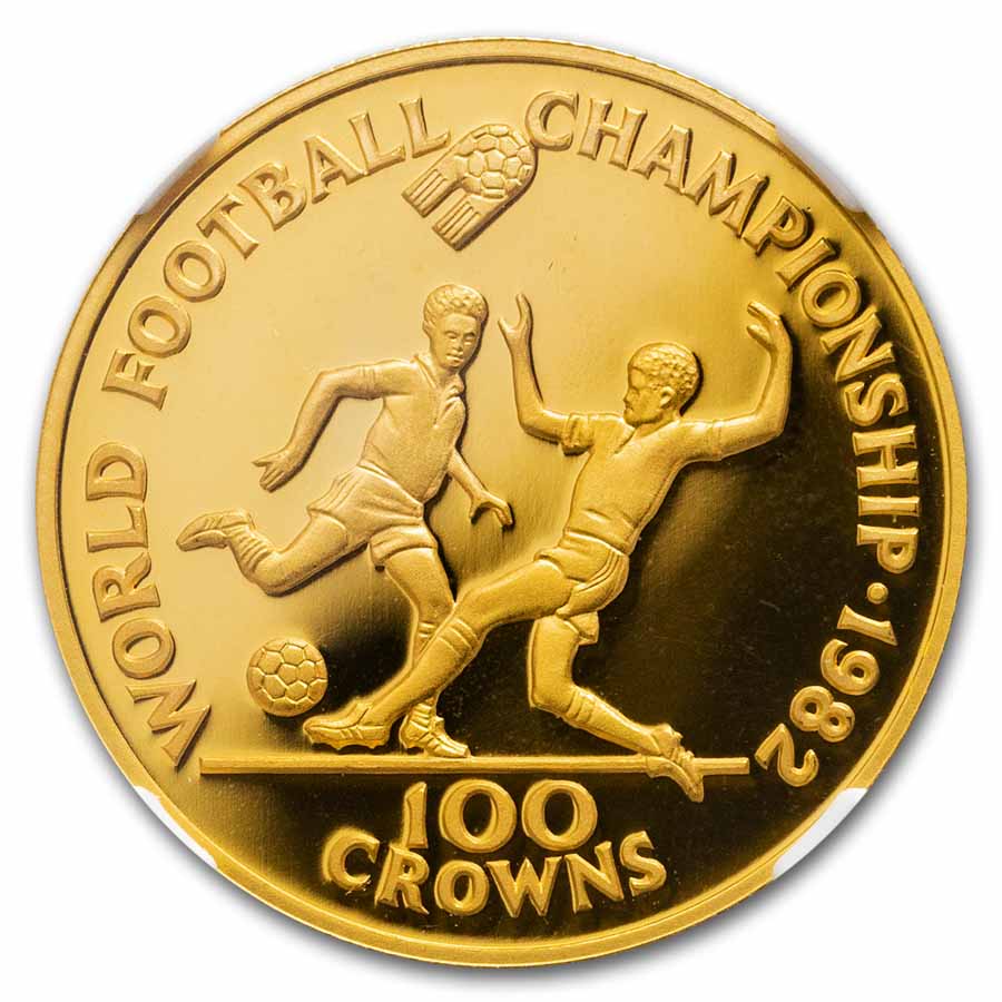1982 Turks & Caicos Gold 100 Crowns World Soccer PF-69 NGC