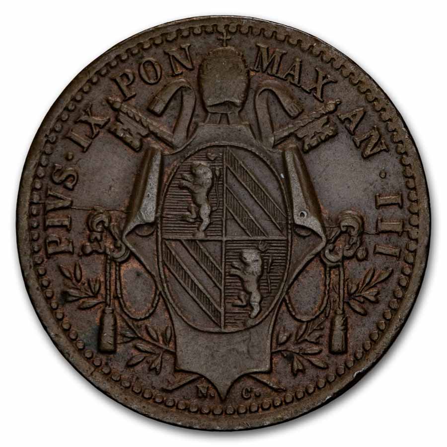 1848-R Italy Papal States 1/2 Baiocco BU (Brown)
