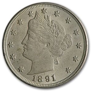 1891 Liberty Head V Nickel AU