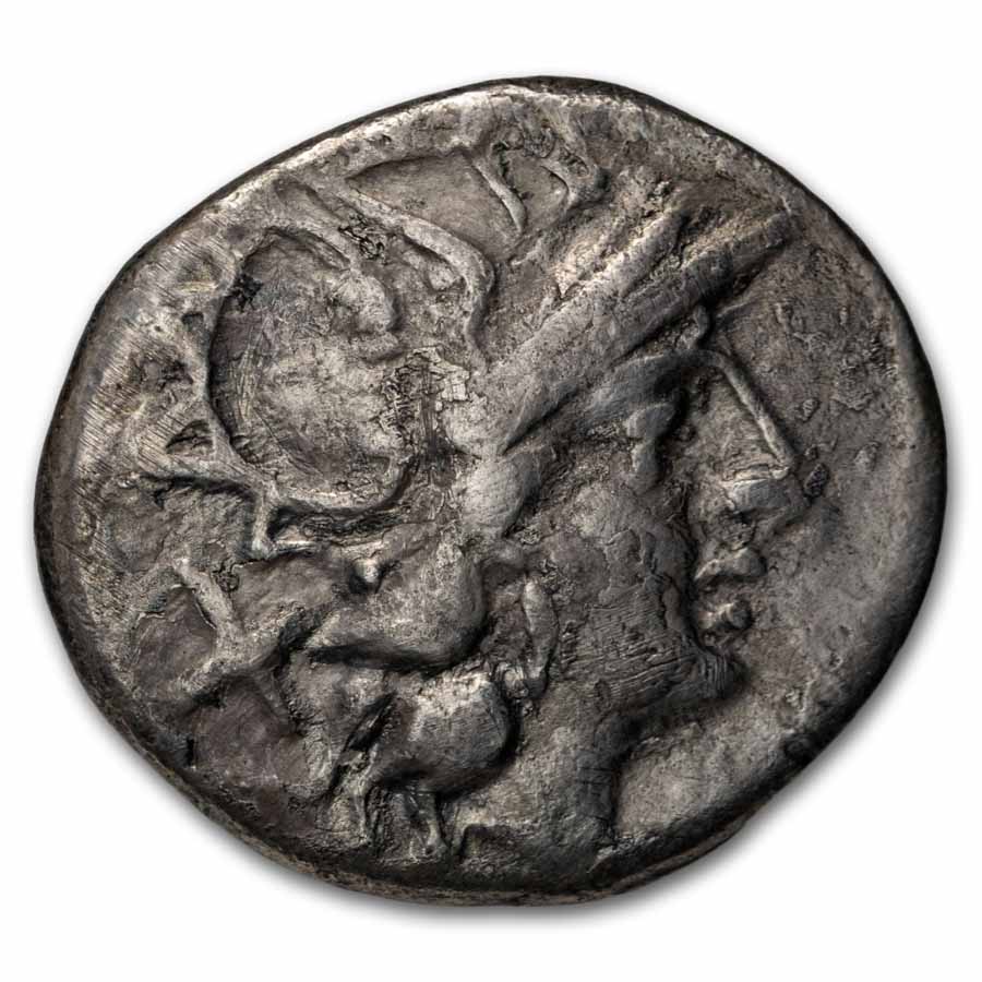 Roman Republic AR Denarius Anonymous (179-170 BC) Fine (Cr-163/1)