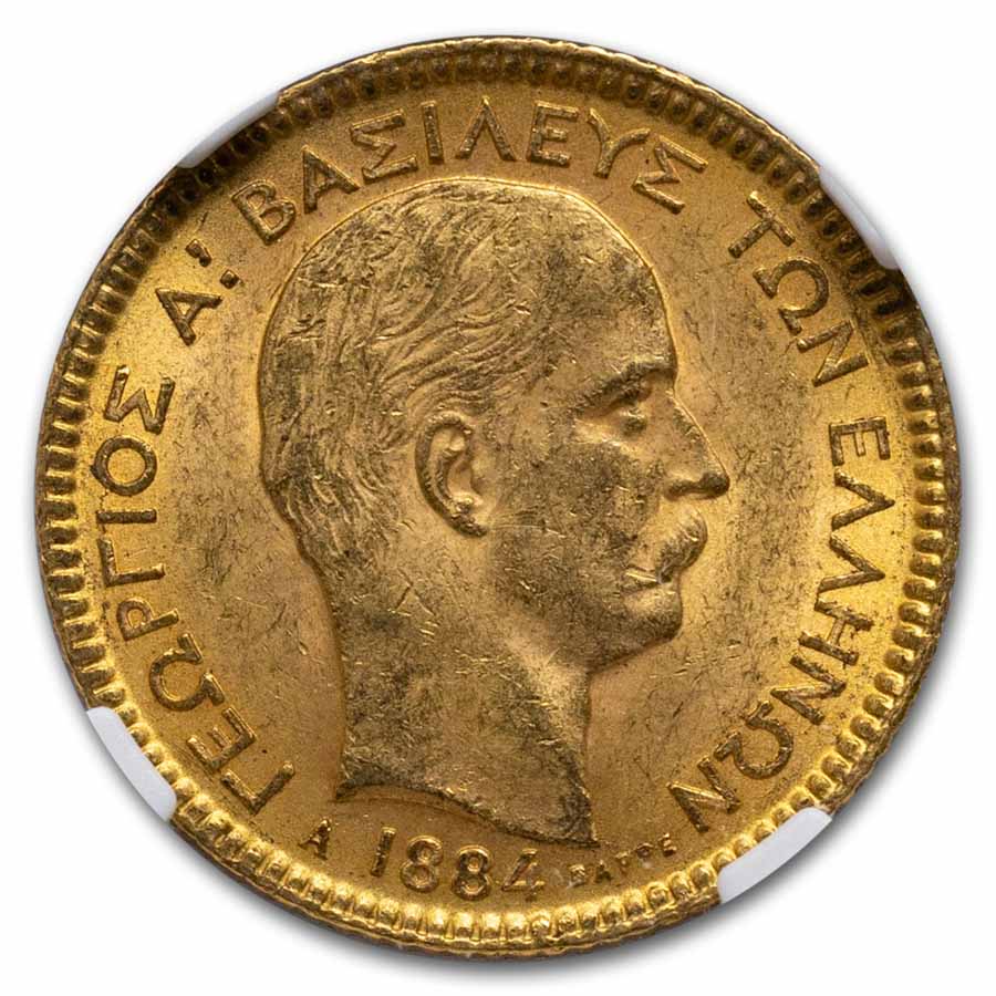 1884-A Greece Gold 20 Drachmai George I MS-62 NGC