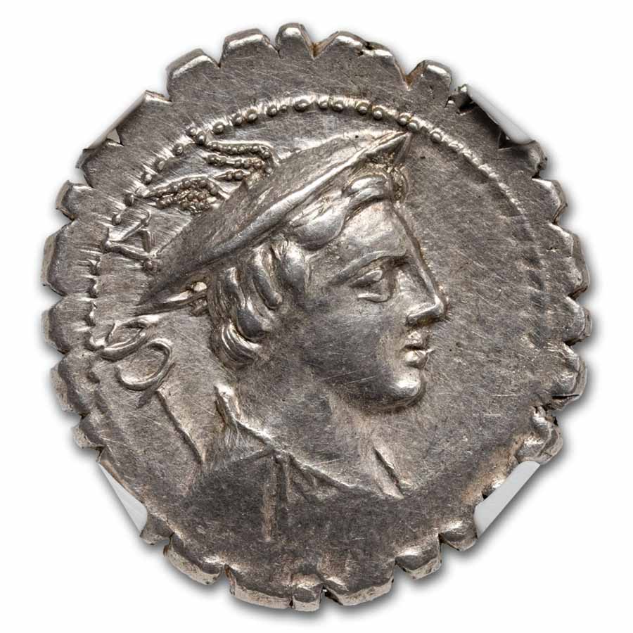 Roman Silver Denarius Serratus Winged Mercury (82 BC) Ch XF