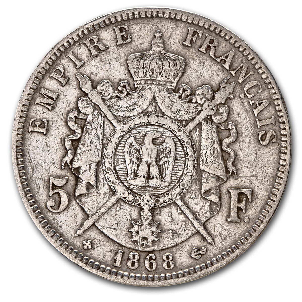 1866-1870 France Silver 5 Francs Napoleon III Avg Circ