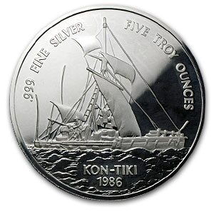 1986 Samoa 5 oz Silver 25 Tala Kon-Tiki Proof (Coin Only)
