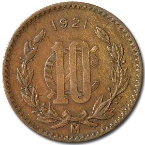 1921 Mexico Bronze 10 Centavos XF