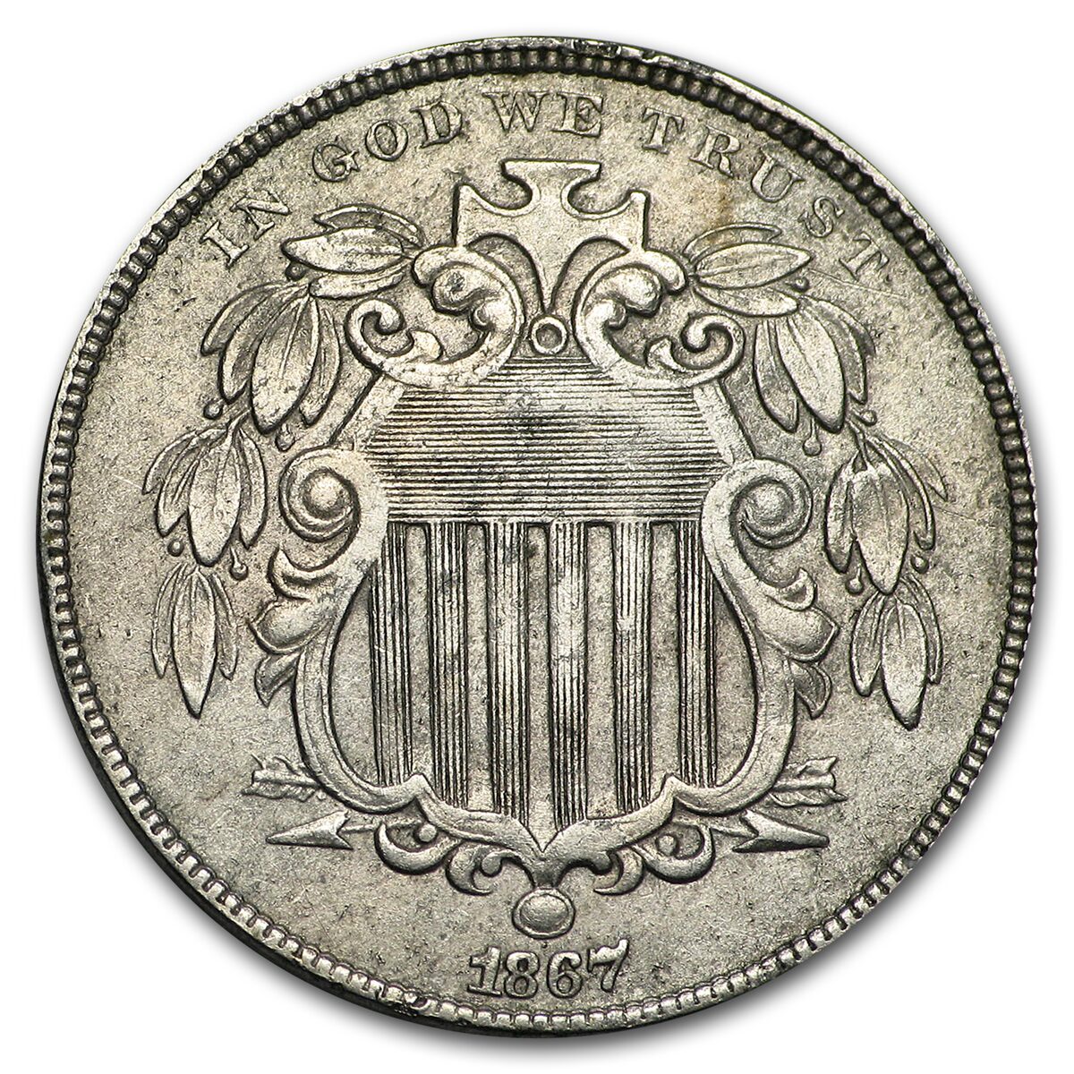 1867 Shield Nickel w/o Rays AU
