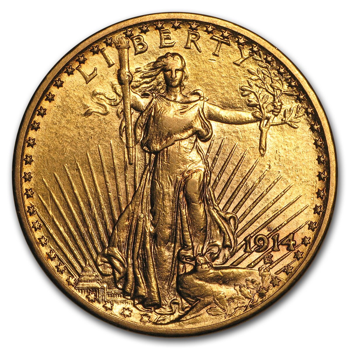 1914-D $20 St Gaudens Gold Double Eagle AU