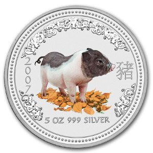 2007 Australia 5 oz Silver Year of the Pig BU (Colorized)