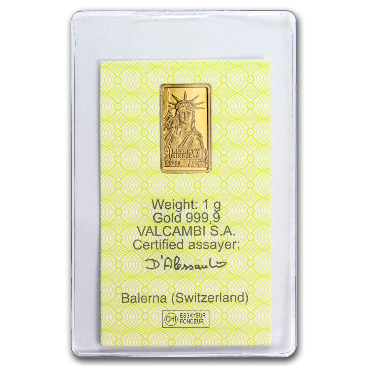 1 gram Gold Bar - Credit Suisse Statue of Liberty (Classic Assay)