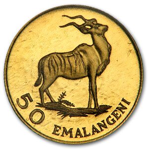 1975 Swaziland Gold 50 Emalangeni Kudu Antelope BU