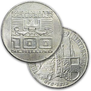 1976 Austria Silver 100 Schillings Winter Olympics BU/Proof