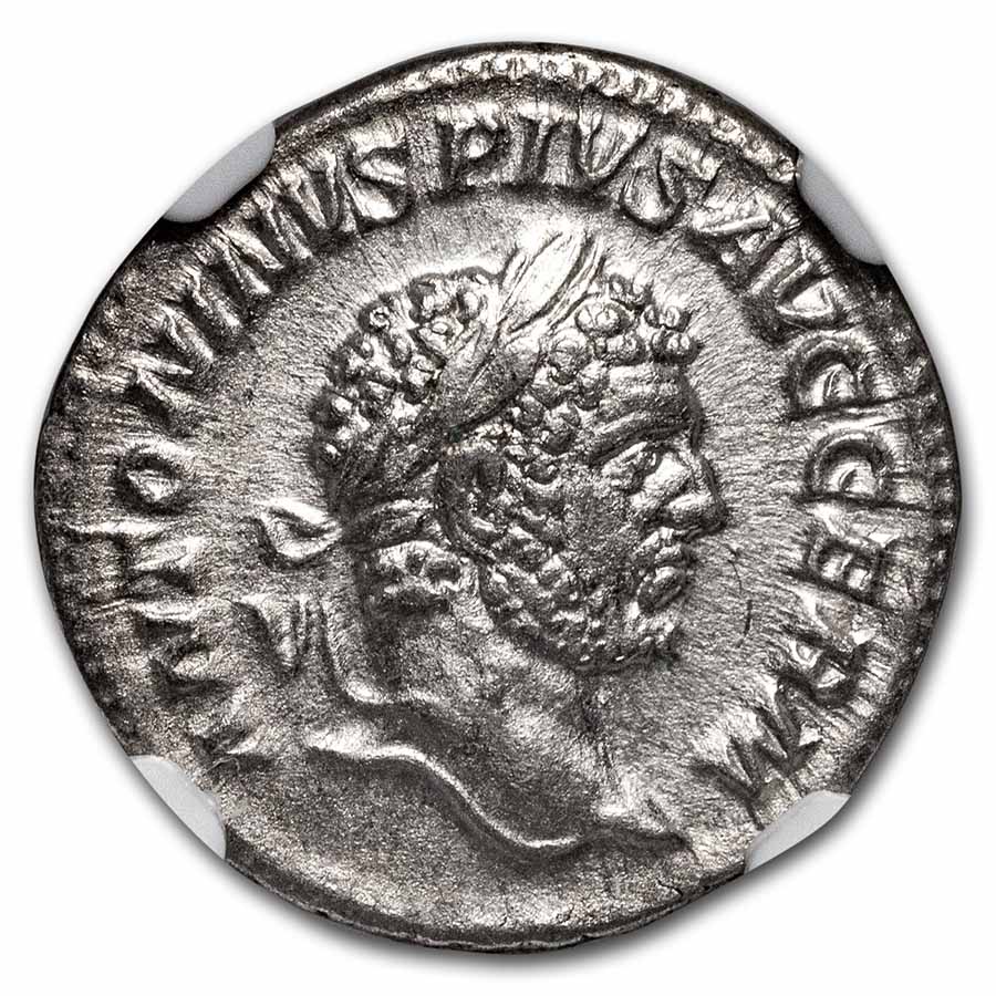 Roman Silver Denarius Emperor Caracalla (198-217 AD) AU NGC