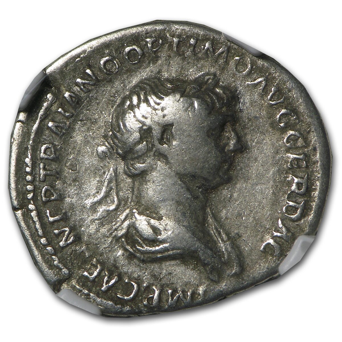 Roman Silver Denarius Emperor Trajan (98-117 AD) Ch-F NGC