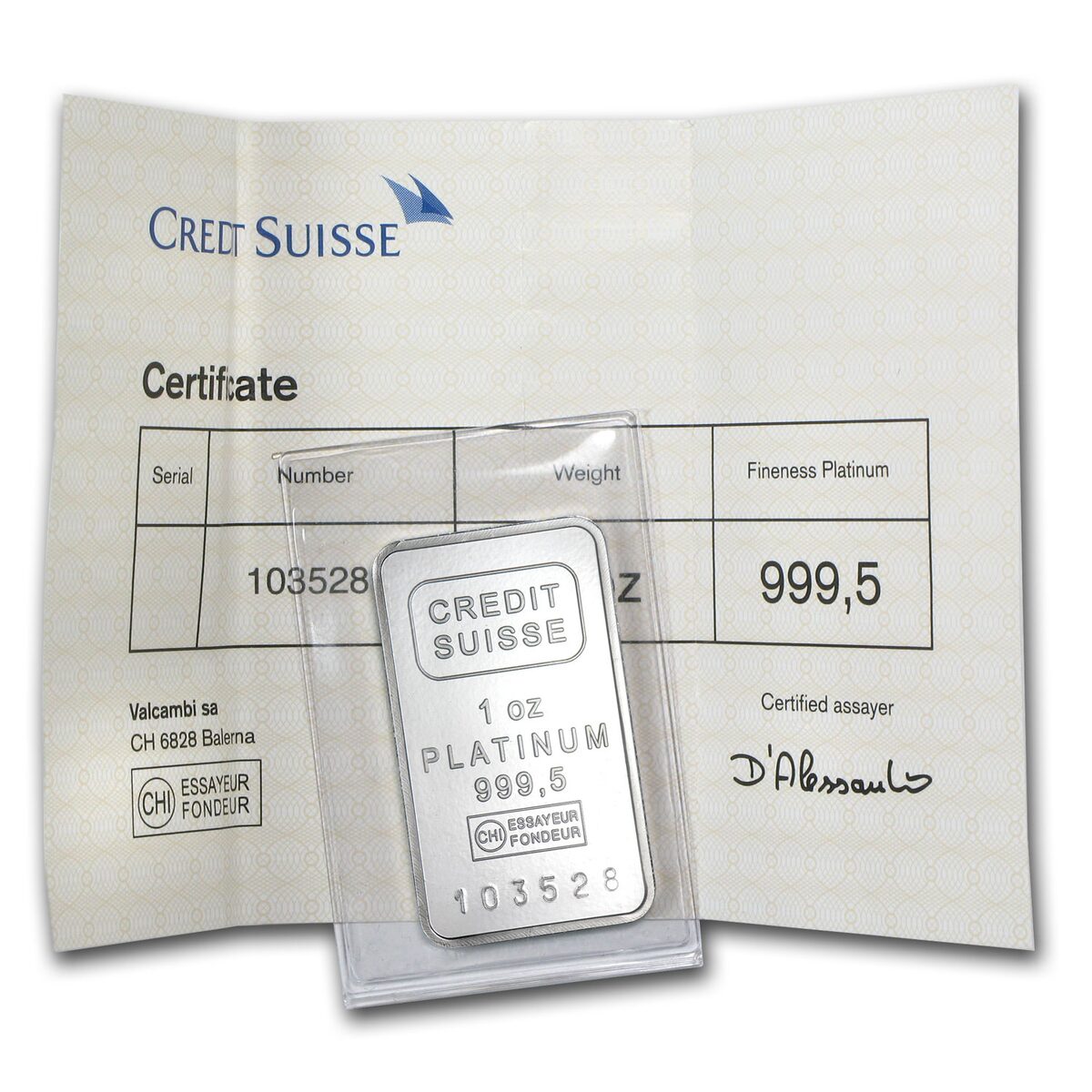 1 oz Platinum Bar - Credit Suisse (.9995 Fine, w/Assay)