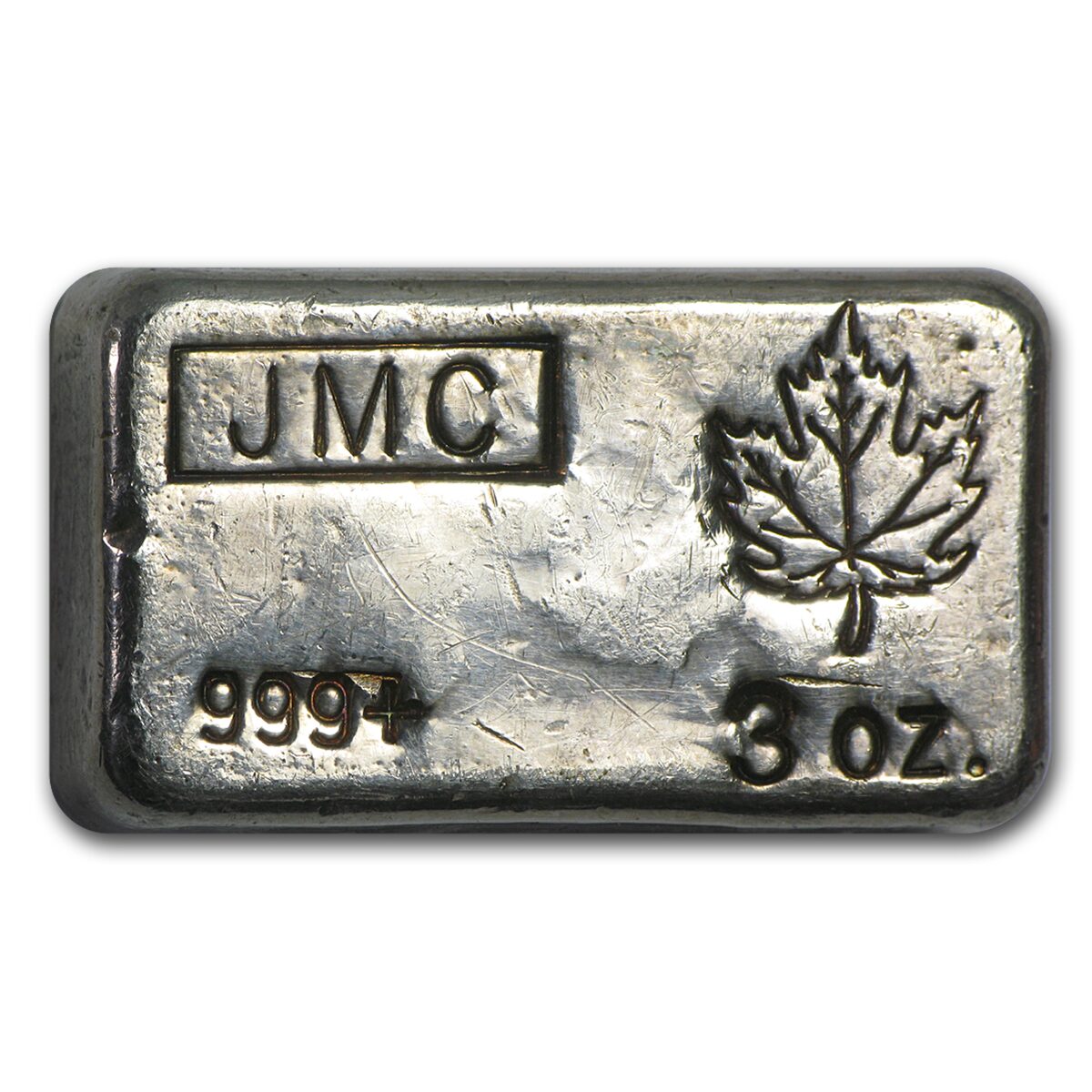 3 oz Silver Bar - Johnson Matthey Canada (Poured, Maple Leaf)