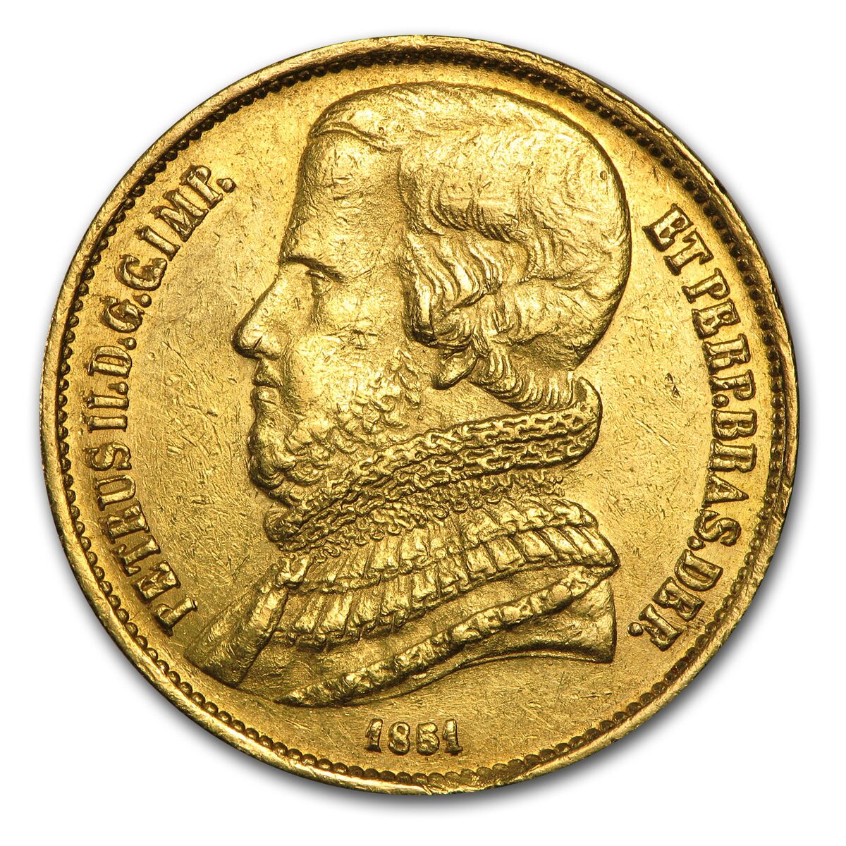 1851-1889 Brazil Gold 20,000 Reis Pedro II XF (Random)