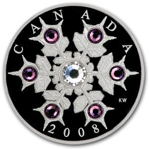 2008 Canada 1 oz Silver $20 Crystal Snowflake (Amethyst, w/Box)