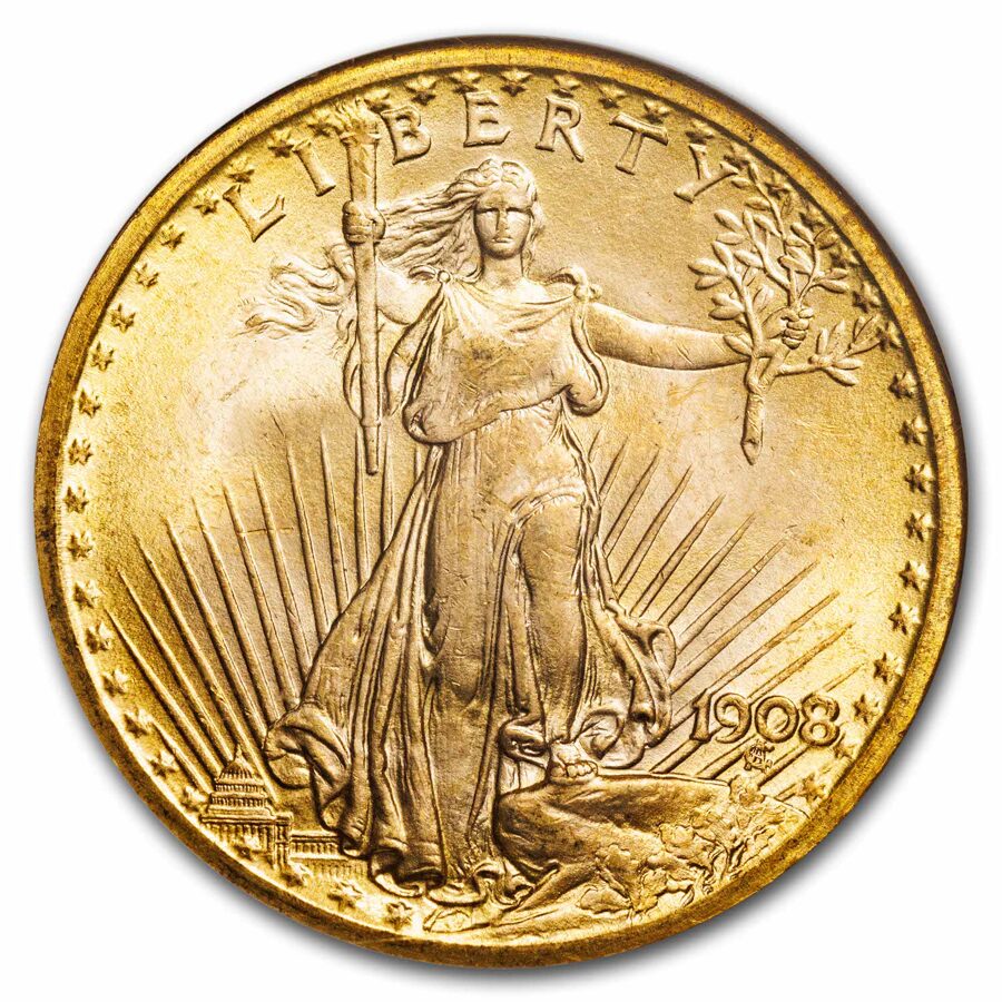 1908 $20 St Gaudens Gold No Motto MS-66 NGC
