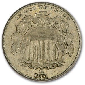 1871 Shield Nickel AU