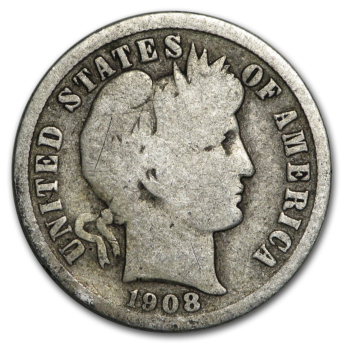1908 Barber Dime Good/VG