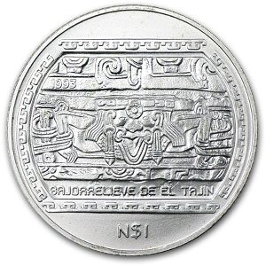 1993 Mexico 1/4 oz Silver 1 Peso BasRelief El Tajin BU