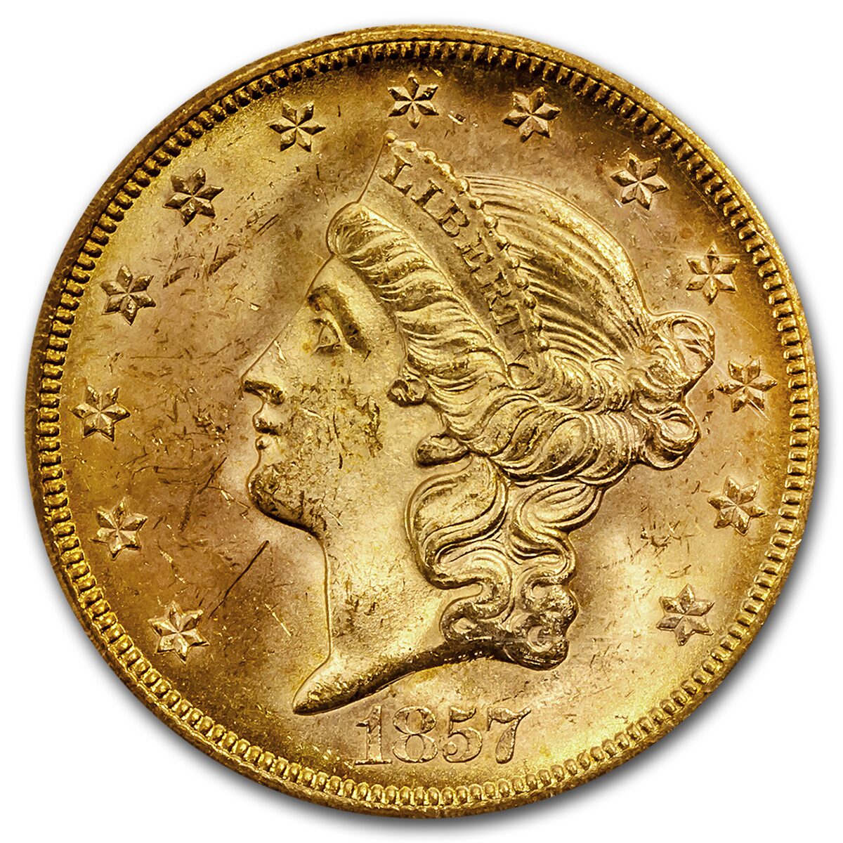 1857-S $20 Lib Gold SS Central America 20A MS-64 PCGS
