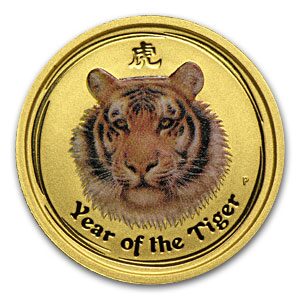 2010 Australia 1/10 oz Gold Lunar Tiger BU (SII, Colorized)
