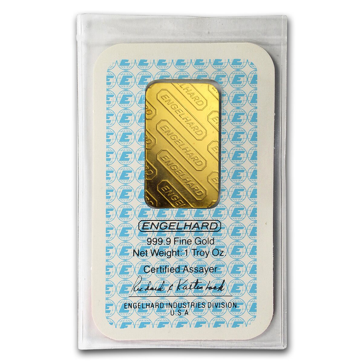 1 oz Gold Bar - Engelhard ('E' logo, In Assay Card)