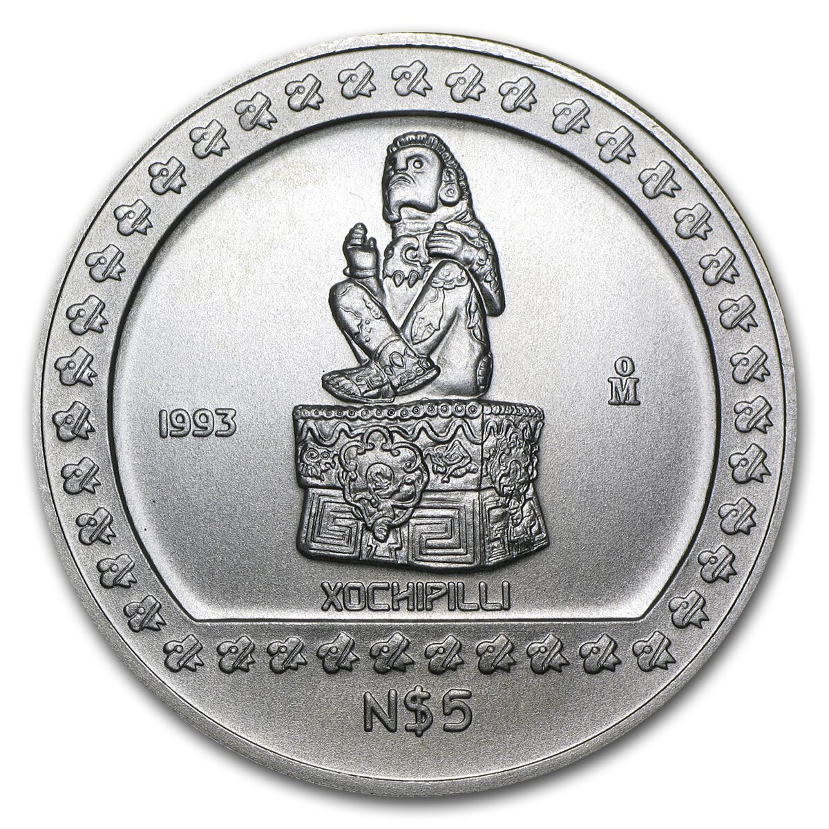 1993 Mexico 1 oz Silver 5 Pesos Xochipilli BU